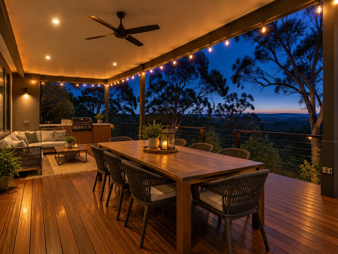 Alfresco space with installed outdoor lighting