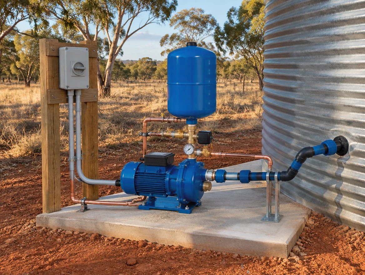Farm water pump beside a tank with electrical connection