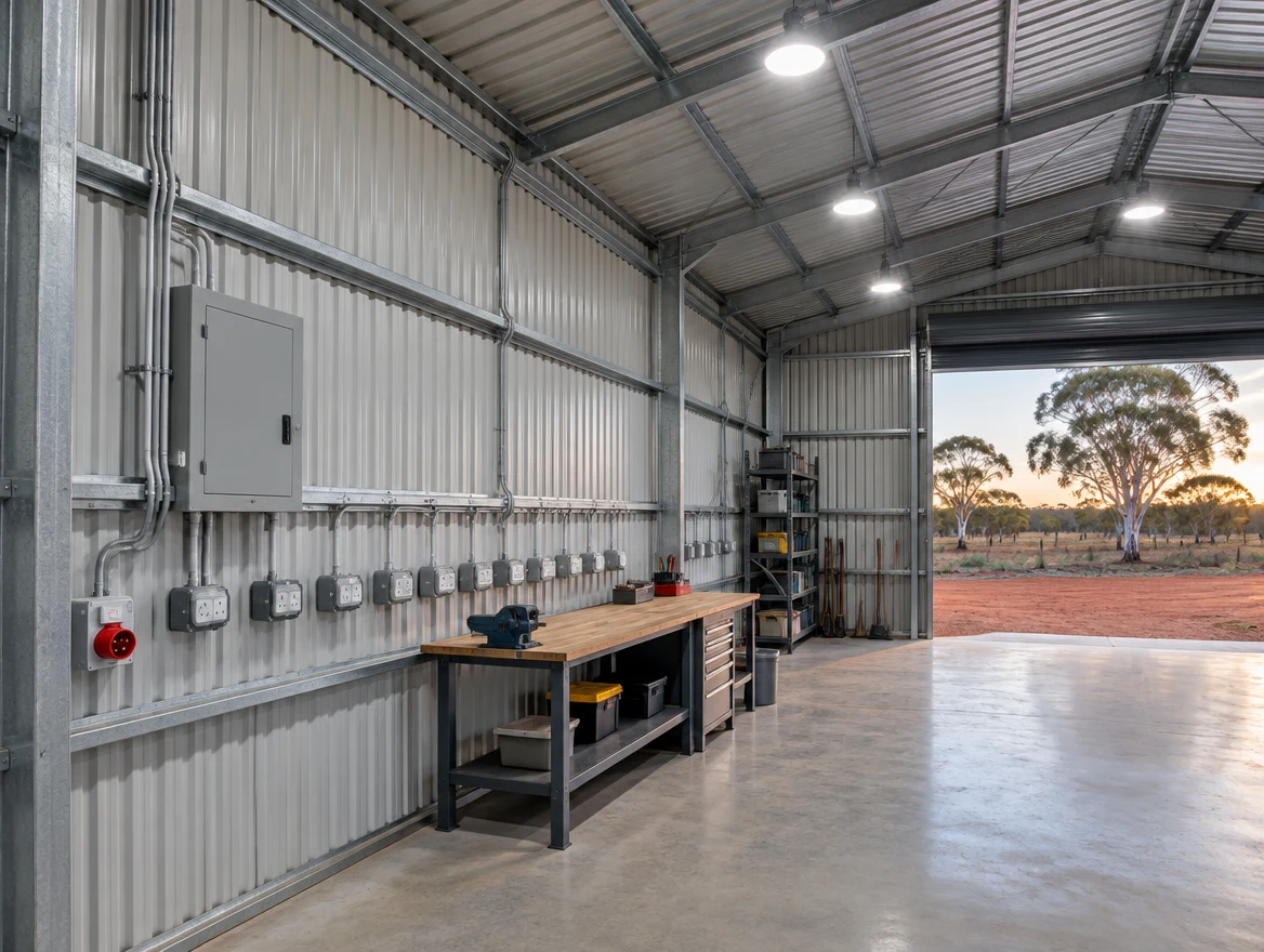 Rural shed fitted with overhead LED lighting, power outlets and an electrical distribution board