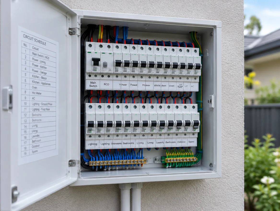 Electrical switchboard with labelled circuits and RCBOs