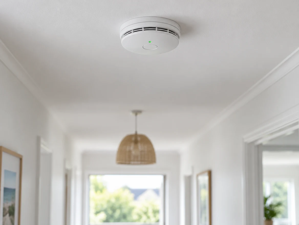 Ceiling-mounted smoke alarm installed in a bright residential hallway