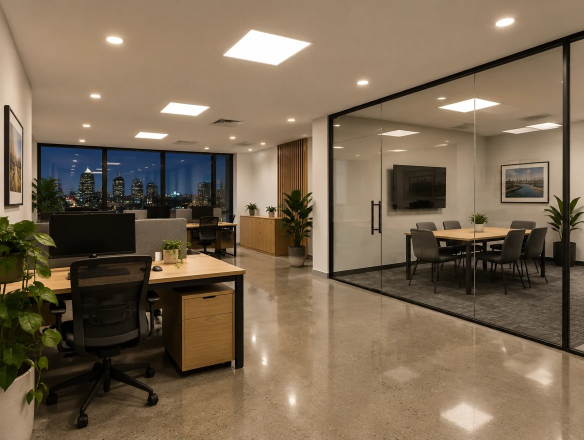 Commercial office with recessed downlights and LED ceiling panels